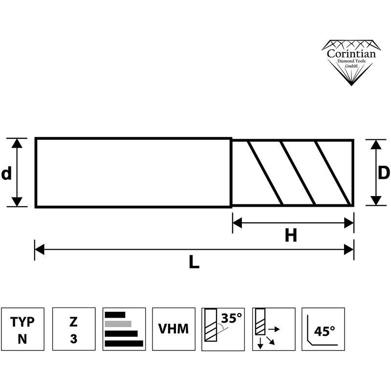 Corintian Solid carbide aluminium milling cutter, diameter 1-12 mm, three-edged,