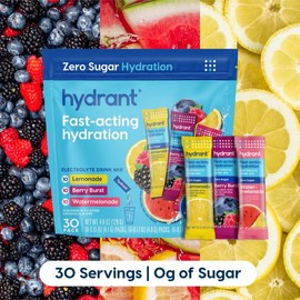 HYDRANT Sugar-Free Electrolyte Drink Mix Variety Pack - 30 Sticks | No Stevia, Real Fruit Juice Powder | Lemonade Flavor | Healthcare, Probiotics, Water | Non-GMO Verified, Vegan, Gluten-Free, Made in USA - Dietary:_No Sugar Variety Pack