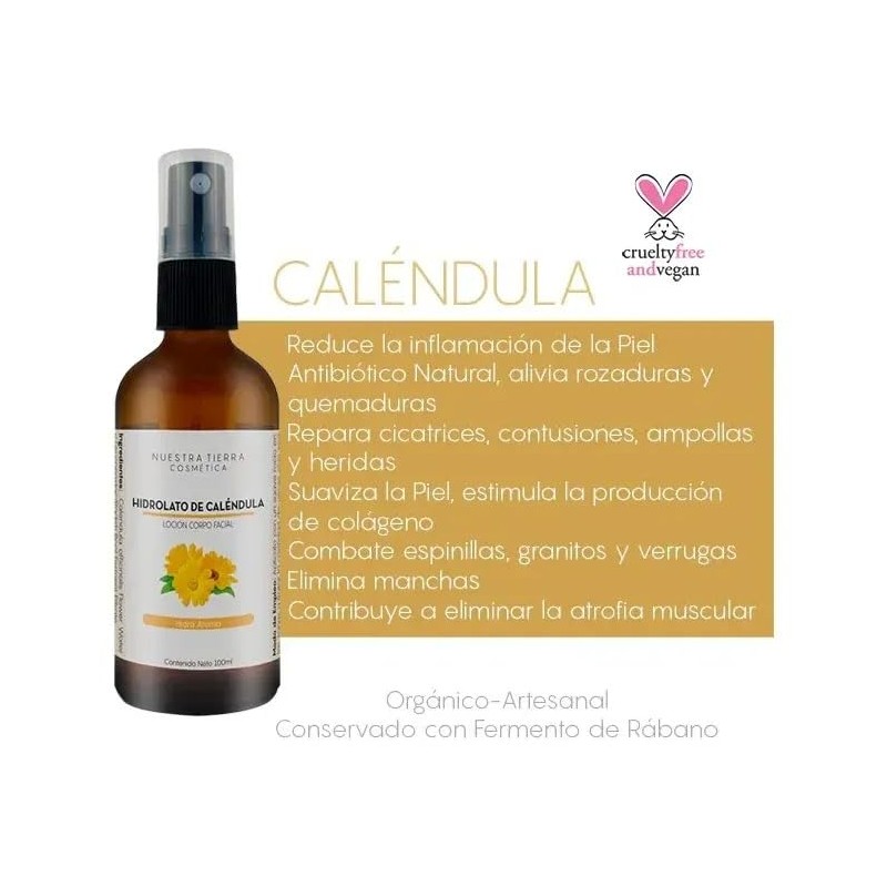 Nuestra Tierra Cosmética Hidrolato Orgánico de Caléndula, Loción Corpofacial, 100ml