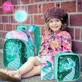 AGSDON 3PCS Kids Backpacks for Girls, 16" Little Kid Mermaid Sequin Preschool School Bookbag and Lunch Box