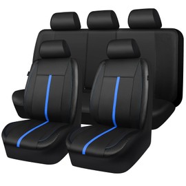 CAR-GRAND Leather Car Seat Covers Black Blue, Sporty Carbon Fiber Leather Full Set Waterproof Auto Seat Covers, Airbag Compatible, Universal Fit for SUV,Sedans,Vans,Pickup, Full Set, Black Blue