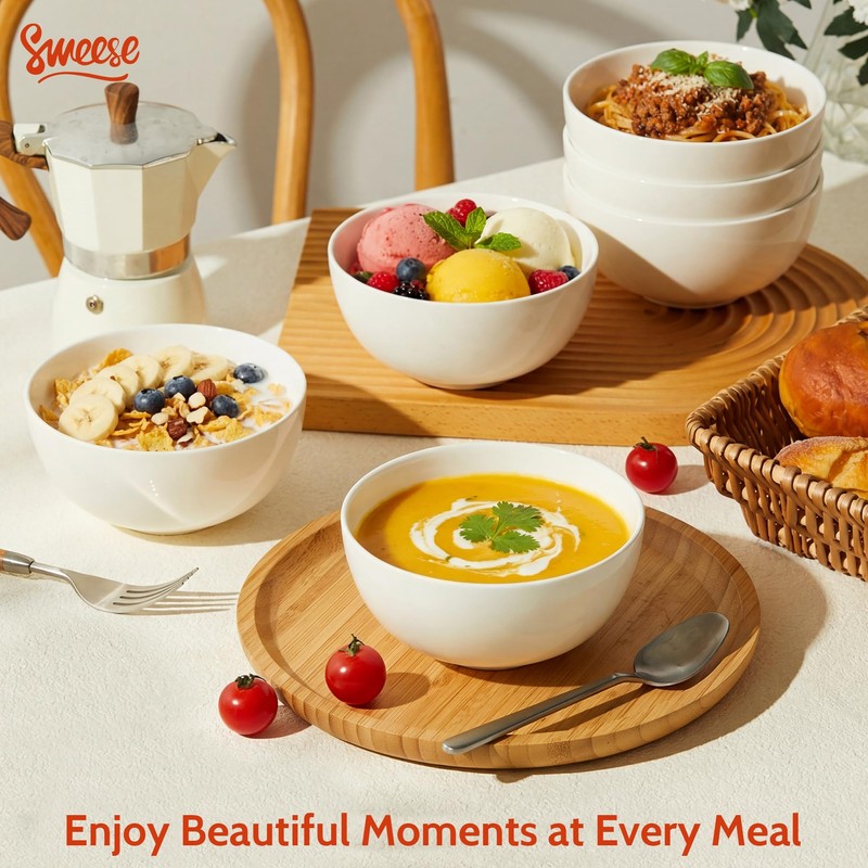 Sweese Porcelain Bowls Set of 6, 20oz Lightweight Round Cereal