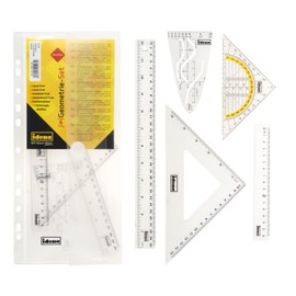 Idena 22923 Geometry Set 6 Pieces with 2 Rulers, Drawing Triangle, Parabola, Geo Triangle and Filing Storage Folder, Transparent, Plastic