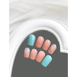 Press on Nails Medium Square MABKJLF Summer Fake Nails Lake Blue Full Cover False Nails with Palm Designs Glossy Glitter False Nails with Nail Glue Artificial Acrylic Nails for Women Girls 24 Pcs