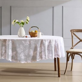 HLC.ME Butterfly Floral Tablecloth Lace Fabric Tablecloth for Oval Table Wrinkle-Free Tablecloth, Patterned Wavy Tablecloth (60W x 84L, White)