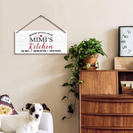 FUGWN Mimi's Kitchen Made with Love Hanging Wooden Signs 12x6, Mimi Gifts for Grandma Kitchen Wall Decor, Grandma Mimi Kitchen Gifts, Eat Laugh Love Home Kitchens Decor Gifts for Mimi from Grandkids