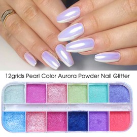 12 Colors Nail Powder Holographic Pearl Color Aurora Pigment Nail Art Glitter Dust Design Women Girls Manicure Tips Charms Decoration 3D Nails Supplies for Nail Art Gel Polish Dipping Liquid Powders