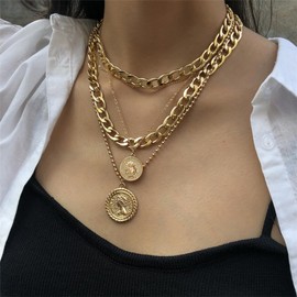 Chunky Necklaces for Women Charm Necklace Multi-Layer Gold Silver Coin Geometric Chain Choker Necklace Layered Necklaces Trendy Jewelry Birthday Gifts
