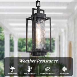 BesLowe 15” Outdoor Pendant Light with LED Bulb, Modern Hanging Lantern Light for Outside with Water Ripple Glass, Black Exterior Pendant Lighting Fixture, Outdoor Chandelier for Front Porch, Gazebo