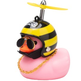 wonuu Pink Duck Car Dashboard Decorations Rubber Duck Car Ornaments Cool Duck with Propeller Helmet Sunglasses Gold Chain