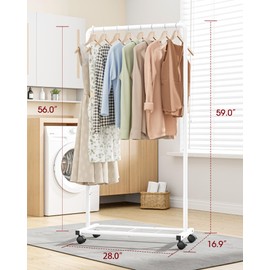 Sakugi Clothes Rack - Clothing Rack with Storage Mesh Shelf & Casters, Heavy-Duty Metal Clothing Rack for Hanging Clothes, Dresses, Coats, Large Load Capacity, Easy Assembly, White, 28.0"x16.9"x59.0"
