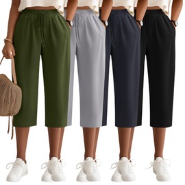 Neer 4 Pack Women's Capri Pants, Cotton Drawstring Yoga Capri Sweatpants Summer Lounge Loose Fit Cropped Pants with Pockets(Black, Dark Gray, Light Gray, Army Green,Large)