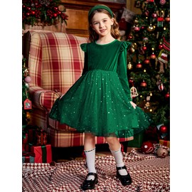 Arshiner Velvet Dress Girls Long Sleeve Tulle Dress Toddler Princess Dress Party Dress Christmas Children's Dresses with Sequins 2-7 Years, Green