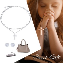 POPLYKE 925 Sterling Silver Double Layered Chain Cross Anklet Women Cross Ankle Bracelet Summer Beach dainty Jewelry