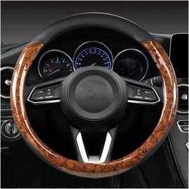 BANLIE Wood Grain Steering Wheel Cover Microfiber Leather Breathable Anti Slip Universal Protector 14.5-15 inch Car Interior Accessories for Women Men, Black Coffee