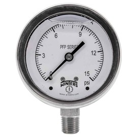 Winters PFP Series Premium Stainless Steel 304 Single Scale Liquid Filled Pressure Gauge, 0-15 psi, 2-1/2" Dial Display, -1.5% Accuracy, 1/4" NPT Bottom Mount