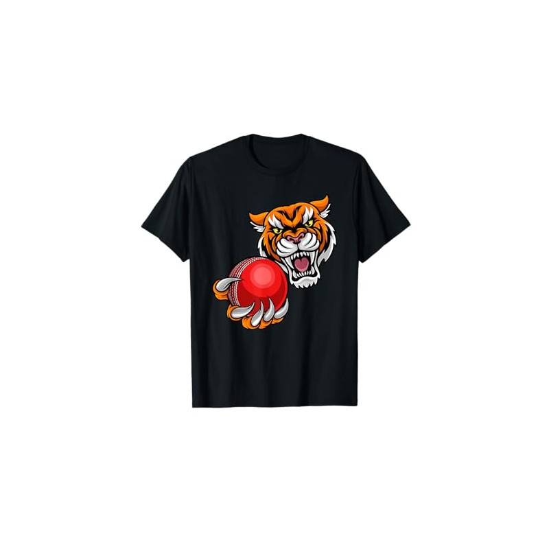 Tiger Holding Cricket Ball Cartoon Character T-Shirt