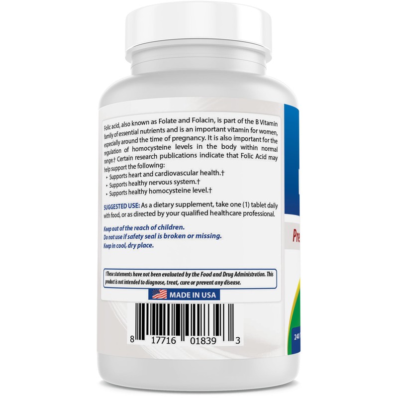 Best Naturals Folic Acid 1000 mcg (Vitamin B9), 240 Tablets