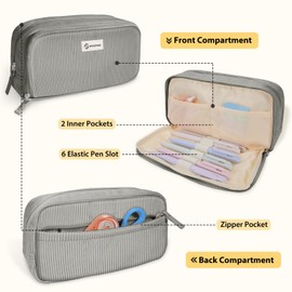 FINPAC Pencil case, pencil case made of corduroy fabric, large capacity pencil case with 3 compartments, pencil case, pencil case, pencil case, school pencil case for school and office, gray