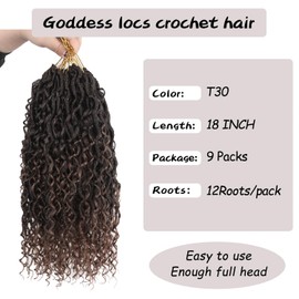 Vemet Goddess Locs Crochet Hair 18 Inch 9 Packs Synthetic Faux Locs Crochet Hair for Black Women, River Locs Hair Extensions Style Pre looped Crochet Locs with Curly Ends