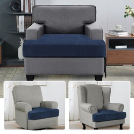 H.VERSAILTEX Stretch Velvet T Cushion Chair Covers for Living Room Armchair Sofa Cover Couch Cover Slipcover T Cushion Seat Cover Stay with Elastic Bands(Armchair, Navy)