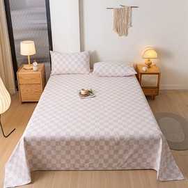 CLOTHKNOW Pink White Plaid Queen Sheet Set 4Pcs Grid Bedding Sheet Sets 1 Fitted Sheet 1 Flat Sheet with 2 Pillow Cases Pink White Bedding Queen Bed Sheet Sets