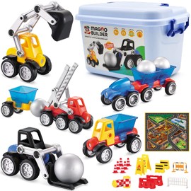 Cars Magnetic Building Blocks, New Shapes for Creating Endless Construction Trucks Toys, Including Play Mat, Road Signs, Montessori STEM Toy Boys & Girls and Magnetic Tiles for Kids Ages 4-8