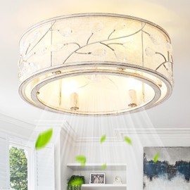 Gryalcy 20" White Crystal Ceiling Fan with Light, Flush Mount Ceiling Fans with Lights Remote Control, Caged Enclosed with 6 Speeds for Bedroom, Living Room, Nursery