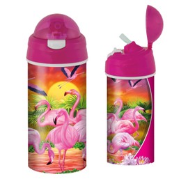3D LiveLife Drinking Bottle - Flamingo Lingo from Deluxebase. 3D Lenticular Animal Water Bottle with Straw. 600ml Kids Drinks Bottle with Original Artwork from Renowned Artist, Michael Searle