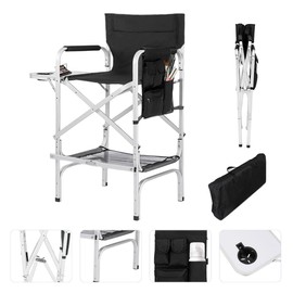 Professional Tall Makeup Chair with Folding Side Table & Storage, Portable and Sturdy Directors Chair for Makeup Artists & Beauty Enthusiasts
