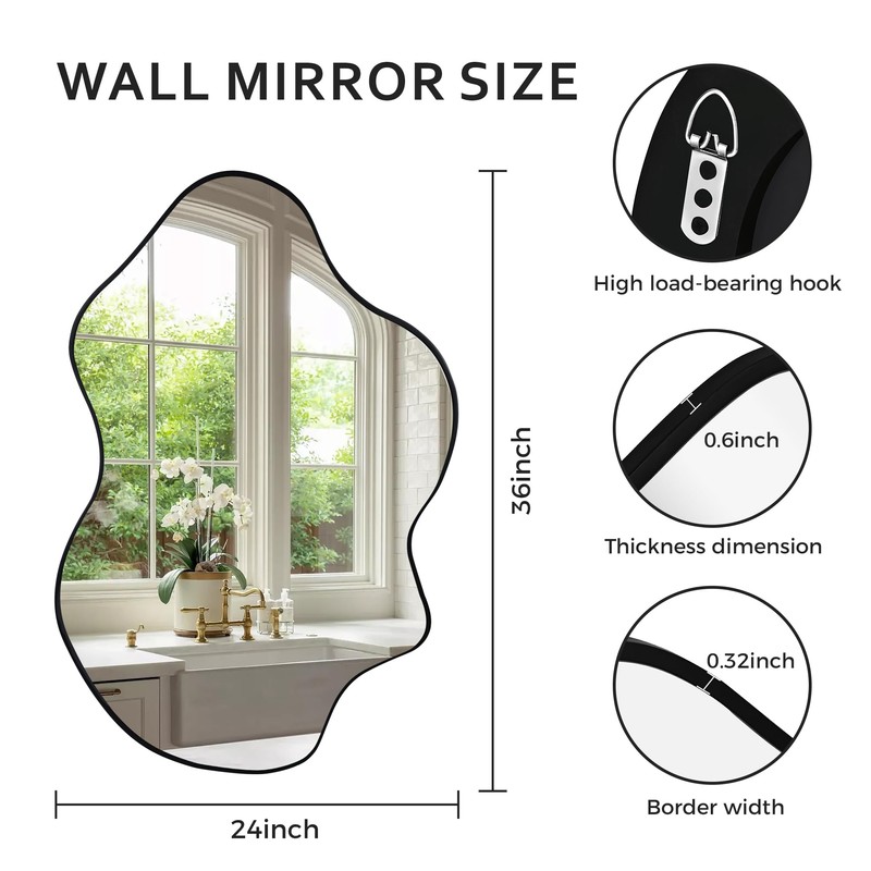 Tanmicoshomy Black Bathroom Mirror 24x36 Inch, Asymmetrical Framed Wall Mirrors
