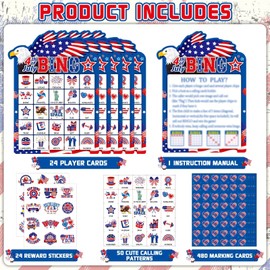 39Pcs 4th of July Bingo Game for Adults Kids 24 Players Eagle Shape Bingo Game Cards with Reward Stickers for Family Friend Student Large Group Activities Independence Day Patriotic Party Favors