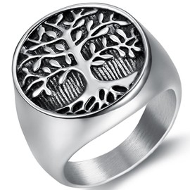 Jude Jewelers Stainless Steel Tree of Life Round Signet Ring (Silver, 15)