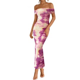 BTFBM Off Shoulder Bodycon Dresses for Women 2025 Summer Ruched Split Mesh Cocktail Party Club Floral Maxi Dress(Floral Purple, Medium)