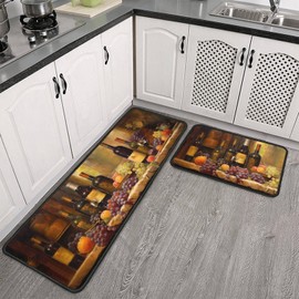 BOOWEATS 2 Piece Red Wine Kitchen Rug Set, Wine Glasses Kitchen Rugs and Mats Non Skid Washable Absorbent Microfiber Kitchen Floor Decor Mat 17"x47"+17"x30"