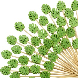 WILLBOND 200 Pcs Cocktail Picks Long Toothpicks for Appetizers Summer Cocktail Skewers Disposable Fancy Bamboo Food Sticks for Summer Spring Holiday Birthday Party Decorations(Monstera Deliciosa)