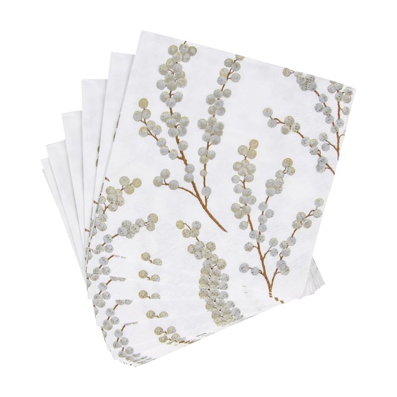 Caspari Berry Branches Paper Cocktail Napkins in White & Silver