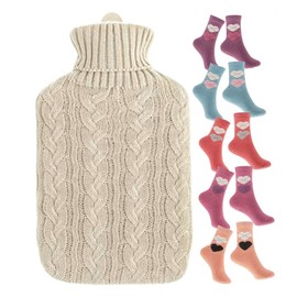 2L Hot Water Bottle with Cover UK & 5 Pairs of Warm Comfy Wool Socks - Natural Rubber 2 Litre Hot Water Bottle Inc x5 Pairs Ladies Winter Socks Size UK 4-7 (Cream Bottle with Cream Cover) (0062)