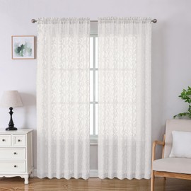 Lecloud Leia - Cortinas traslúcidas de color marfil de 84 pulgadas de largo, 2 paneles, cortinas texturizadas de hojas jacquard, cortinas semitransparentes con bolsillos para barra de granja, cortinas