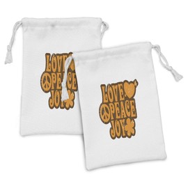 Ambesonne 1970s Fabric Pouch Set of 2, Grunge Effect Love Peace Joy Words with Heart Flower Monochrome, Small Drawstring Bag for Toiletries Masks and Favors, 9" x 6", Pale Orange Dark Orange