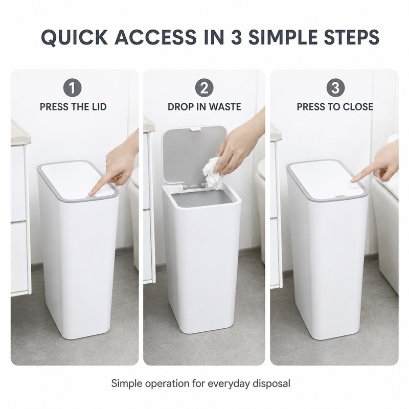 Press-Type Plastic Trash Can with Lid, 10L/15L Slim Rectangular Waste