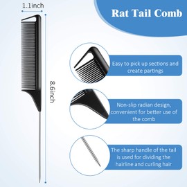 12 Pieces Rat Tail Comb Carbon Fiber Parting Comb Set, Stainless Steel Tail Hair Comb Heat Resistant Teasing Comb for Braid Hair Salon Home Use