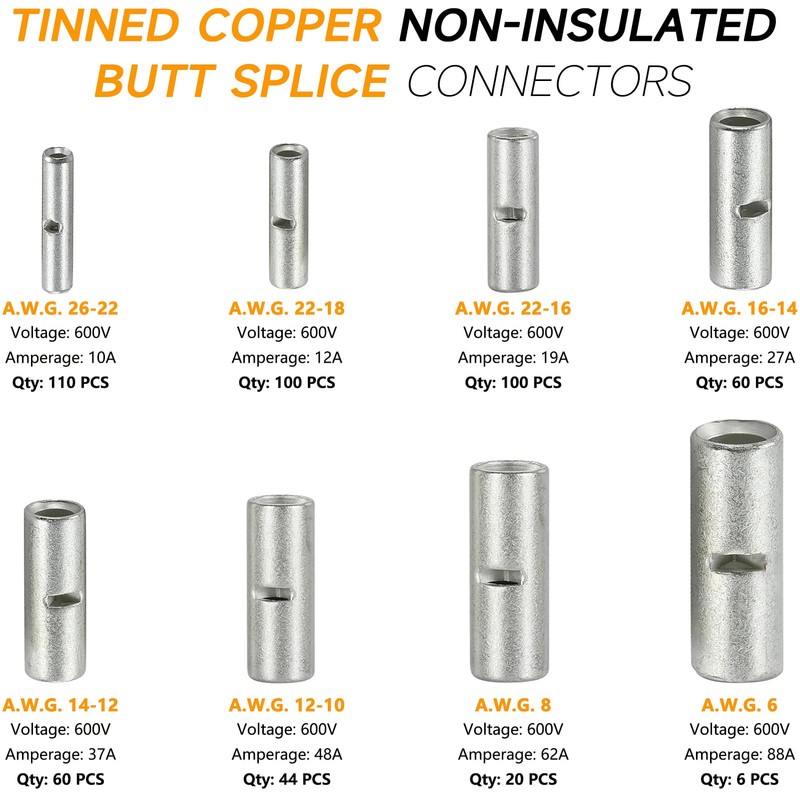 SVAAR 500PCS Non Insulated Butt Connectors 6-26 Gauge Butt Splice