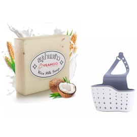 Original Rice Milk Soap Bar Thailand Jasmine 60 - 65 Grams Handmade Vitamin E + 1 Holder - 1 Soap Bar + 1 Cleaning Sponge Holder