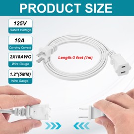 PATIKIL 3Ft Extension Cord, SPT-2 18AWG ETL Listed 1 Pack White Indoor Outdoor Extension Cord 2 Prong Power Wire Female/Male Low-Profile Plug for Lamp TV for NEMA 1-15P to NEMA 1-15R