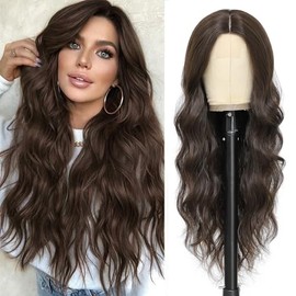 LUVEUNI Brown Wigs for Women Middle Part Long Wavy Wig 26 Inch Lace Hairline Natural Looking Synthetic Heat Resistant Fiber for Daily Party Use (Brown)