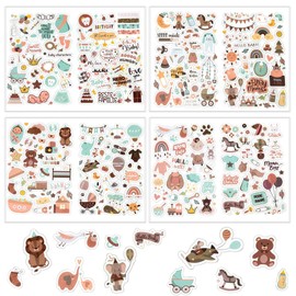 Ceeyoll Pack of 4 Stickers Baby Album, Stickers for Children and Baby Photo Albums, Baby Stickers Contains 204 Stickers, Including Prams, Toys, Hearts, Stars etc., for Baby Shower Decoration Gift