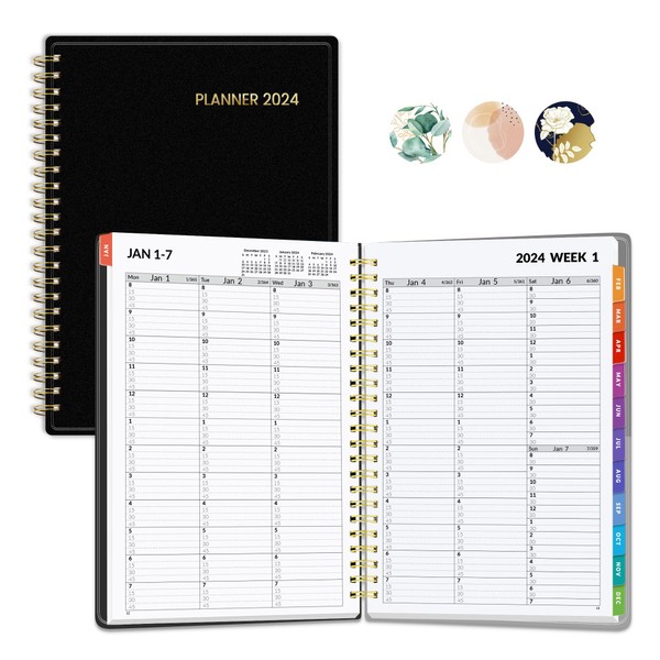 SUNEE 2024 Appointment Book, Quarter-Hourly, Weekly & Monthly - from January 2024 - December 2024, 6.4"x8.3" Weekly Planner, Flexible Cover, Note Pages, Pockets, Bookmark, Spiral Binding, Black