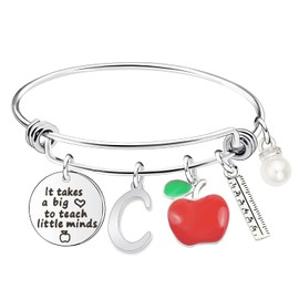 Scwasen Initial Teacher Bracelet for Women Teacher Appreciation Gift It Takes a Big Heart to Teach little Minds Bangle Bracelet Thank You Gifts for Teachers on Teachers Day (Apple C)