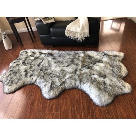 LAMBZY Faux Sheepskin Hypoallergenic Free Shape Silky Shag Rug, Luxury Shaggy Silky Plush Carpet for Bedrooms Rugs Living Room Sofa Floor (Triple Side by Side 3'x6', White with Black Tips)